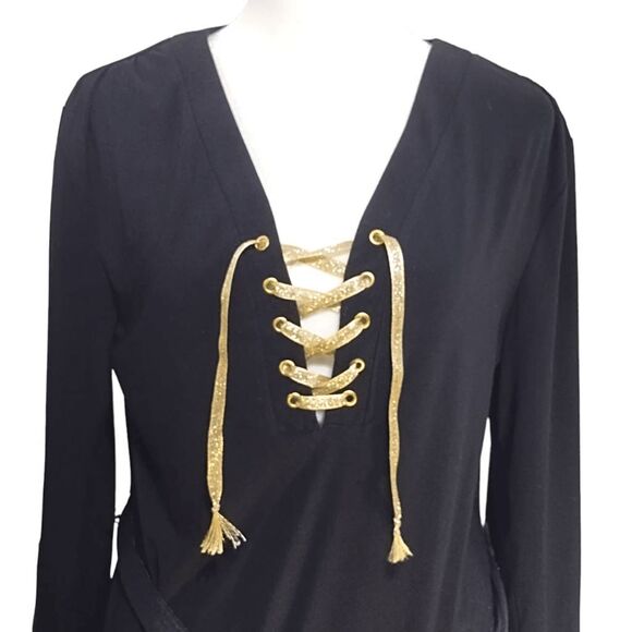 Emma & Michele Black Lace Front Belted Shift Dress Sz M - Picture 3 of 6